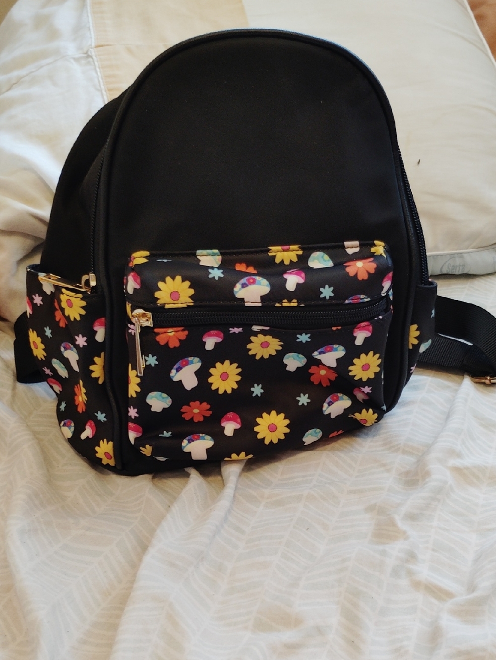 Kids Black Small Backpack with Colorful Mushroom & Daisy Print